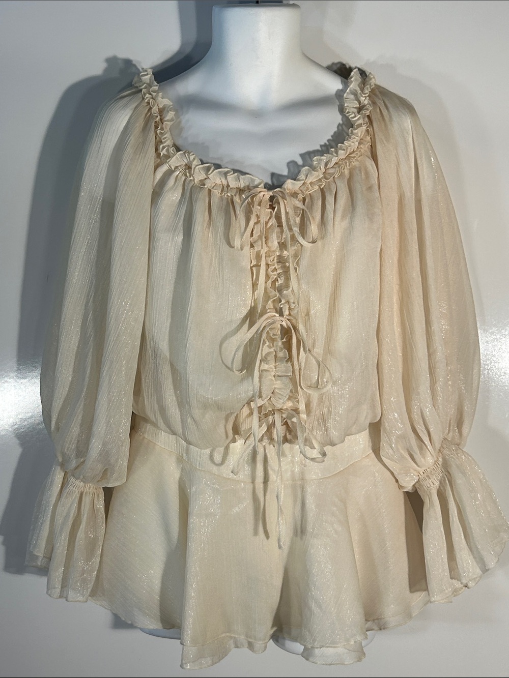 Ivory SZM Ruffled Peasant Blouse/Bodysuit Tie Front Peplum Coquette Boho Fairy